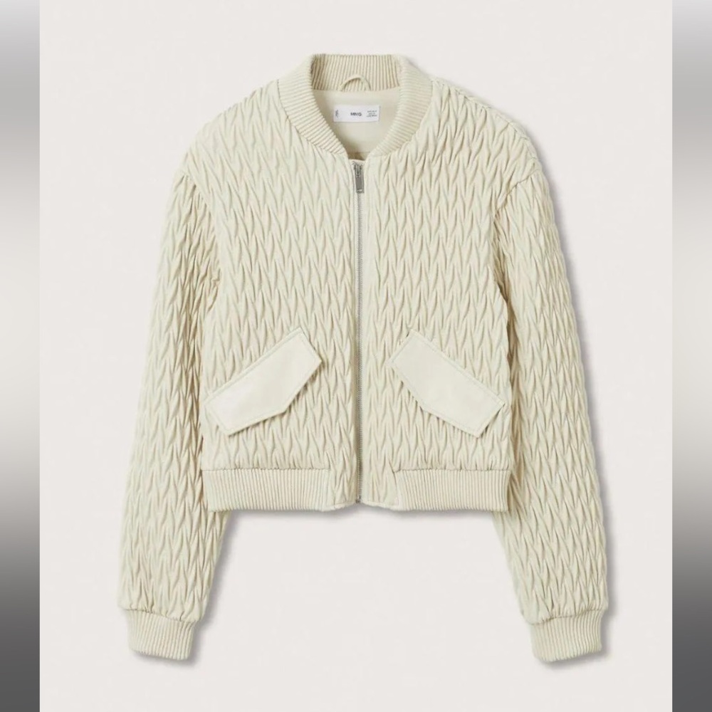 Mango Faux Leather Cropped Textured Bomber Jacket